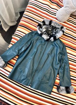 Двусторонняя кожаная куртка на меху шуба детская на девочку зеленая демисезонная 9-10 лет