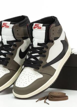 Мужские кроссовки коричневые с белым в стиле nike air jordan 1 high g ts sp travis scott