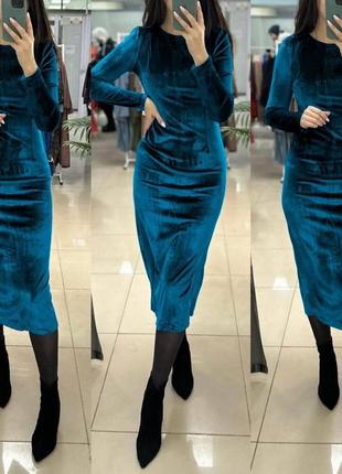 Платье-футляр женское приталенное классическое стильное ниже колен миди велюровое с длинным рукавом арт 0604 фото