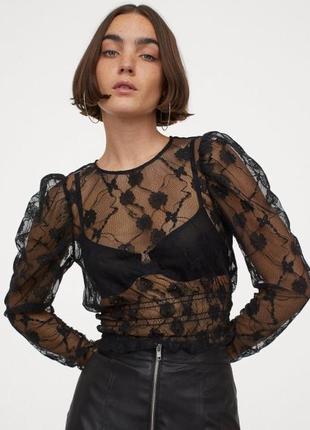 Ажурная блуза черная прозрачная кружевная блузка женская нарядная цветы вышивка h&amp;m2 фото