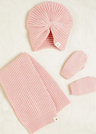 Набір для дівчинки: шапка-тюрбан, шарфик та рукавички. нові1 фото