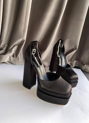 Туфли на каблуке стильные туфли туфельки туфли черные атласные стильные туфли в стиле вен ассе туфли трендовые трендовые черные атласные туфли на каблуке3 фото
