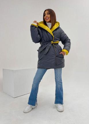Шикарная двусторонняя тёплая зимняя курточка короткая объёмная зефирка пуховик чёрная малиновая бежевая коричневая жёлтая голубая мокко розовая1 фото