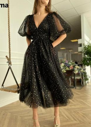 Гламурное длинное черное вечернее платье блестящий фатин. бренд sk-house