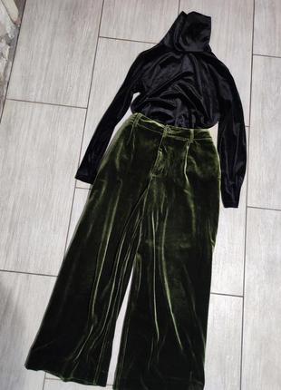 Брюки бархатные широкие свободные крой штаны с защипами посадка кюлоты бермуды2 фото