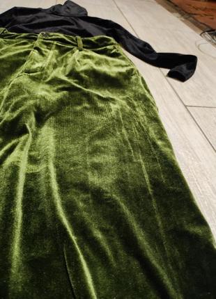 Брюки бархатные широкие свободные крой штаны с защипами посадка кюлоты бермуды7 фото