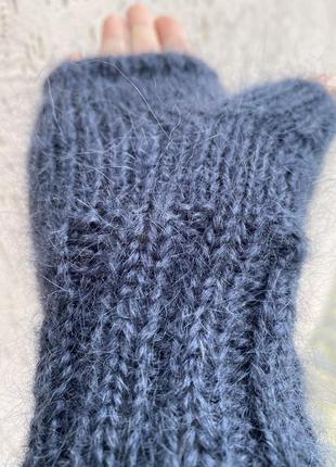 Мітенки пухнасті сині рукавички сірі мітенки без пальців4 фото