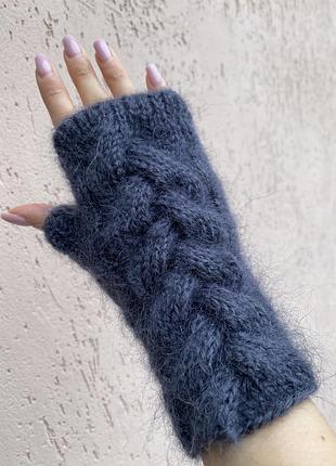 Митенки пушистые синие перчатки серые митенки без пальцев