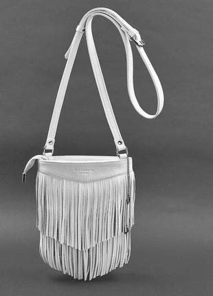Шкіряна жіноча сумка з бахромою міні-кроссбоді fleco біла2 фото
