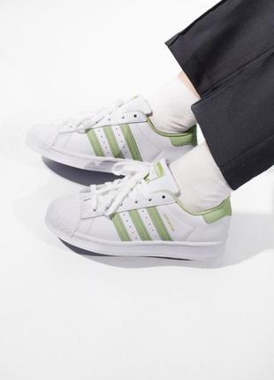 Женские кожаные кроссовки adidas superstar white/green