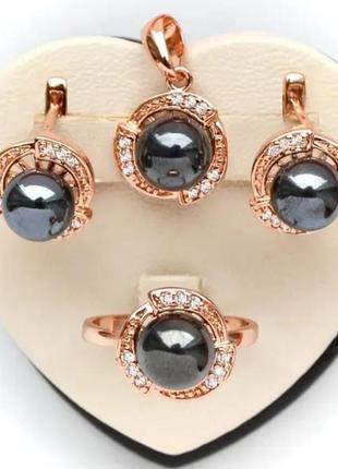 Позолочений комплект з чорними перлами. сережки, кулон, кільце розмір 21 (медичне золото)1 фото
