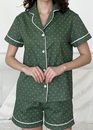 Женский домашний комплект из сатина cosy (шорты+рубашка) зеленая в горошек5 фото