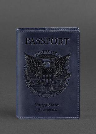 Шкіряна обкладинка для паспорта з американським гербом синя4 фото
