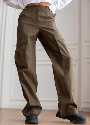 Бавовняні штани карго з кишенями прямі широкі штани з боковими кишенями5 фото