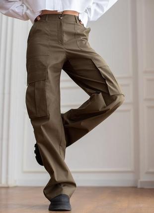 Бавовняні штани карго з кишенями прямі широкі штани з боковими кишенями1 фото