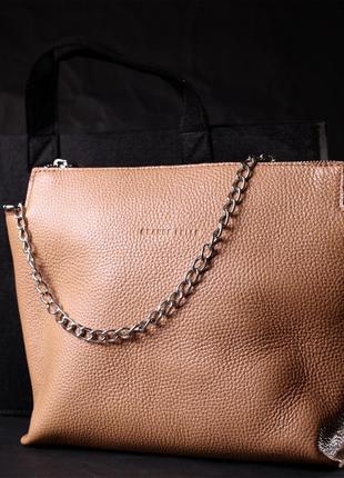 Лаконичная вместительная сумка для женщин из натуральной кожи grande pelle 11696 бежевая10 фото