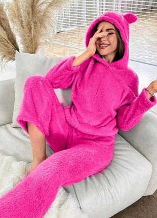 Махровая пижама худи капюшон с ушками оверсайз брюки свободные комплект розовая серая черная теплая зимний костюм для сна для дома4 фото