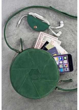 Шкіряна кругла жіноча сумка бон-бон зелена crazy horse5 фото