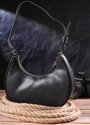 Модная женская сумка-хобо из натуральной гладкой кожи 21288 vintage черная8 фото