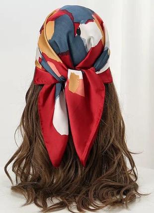 Сатинова жіноча шаль палантин шарф червоний абстракція квіти штучний шовк5 фото
