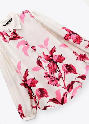 Стильная сатиновая блузка / рубашка zara в цветочный принт , р. l