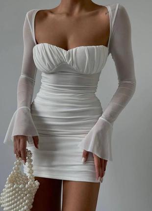 Сукня міні рукава сітка кльош з імітацією ліфчика по фігурі плаття коротка біла чорна святкова елегантна вечірня3 фото