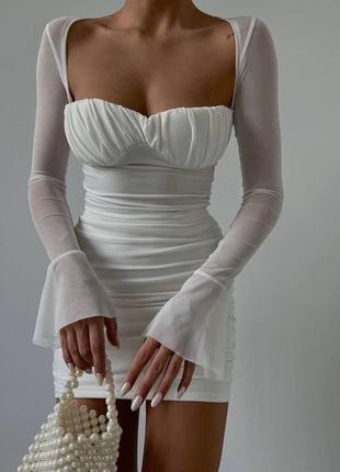 Платье мини рукава сетка клеш с имитацией лифчика по фигуре платья короткая белая черная праздничная элегантная вечерняя