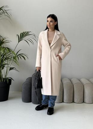 Жіноче утеплене демісезонне довге кашемірове пальто молочного кольору6 фото