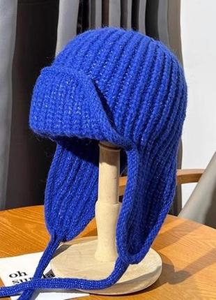 Шапка-ушанка вязаная one size 55-58 синий