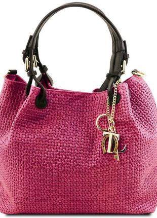 Кожаная сумка-шоппер keyluck с плетеным теснением tuscany tl141573  (фуксия)1 фото