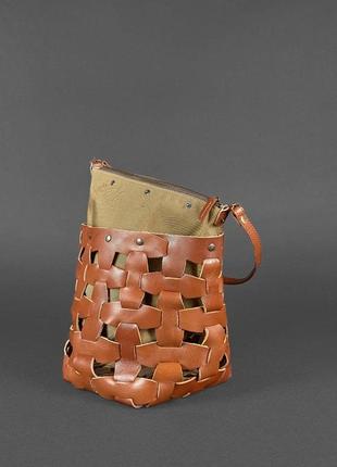 Шкіряна плетена жіноча сумка пазл m світло-коричнева krast5 фото