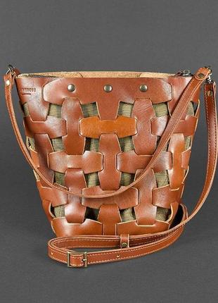 Шкіряна плетена жіноча сумка пазл m світло-коричнева krast9 фото
