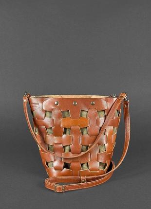 Шкіряна плетена жіноча сумка пазл m світло-коричнева krast2 фото