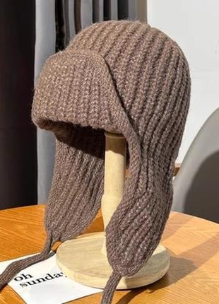 Шапка-ушанка вязаная one size 55-58 коричневая