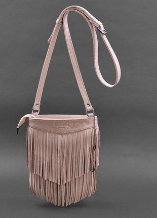 Шкіряна жіноча сумка з бахромою міні-кроссбоді fleco рожева2 фото