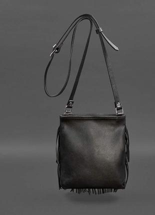 Шкіряна жіноча сумка з бахромою міні-кроссбоді fleco чорна3 фото