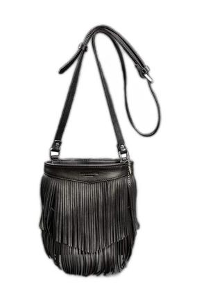 Шкіряна жіноча сумка з бахромою міні-кроссбоді fleco чорна6 фото