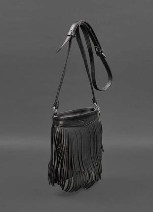 Шкіряна жіноча сумка з бахромою міні-кроссбоді fleco чорна2 фото