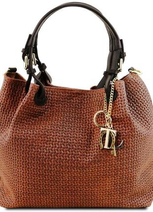 Tuscany tl141573 tl keyluck - кожаная сумка-шоппер с плетеным теснением (cinnamon)1 фото