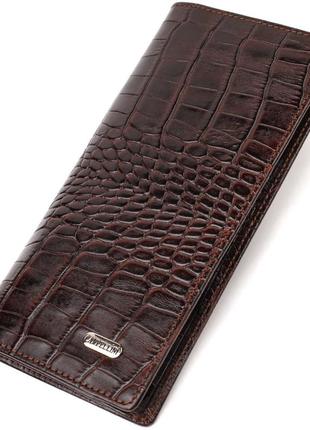 Вертикальний гаманець без застібки з натуральної шкіри з тисненням під крокодила canpellini 21905 коричневий1 фото