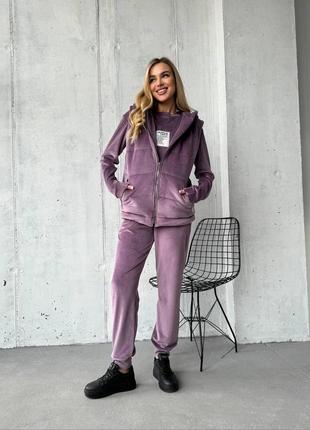 Стильний молодіжний жіночий повсякденний костюм-трійка з жилеткою з тканини плюшевий велюр колір фрезовий