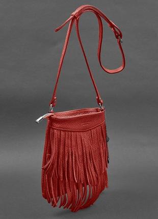 Шкіряна жіноча сумка з бахромою міні-кроссбоді fleco червона3 фото