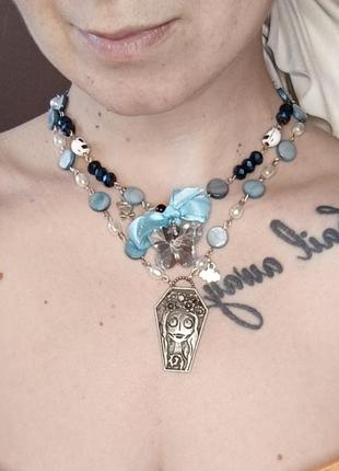 Gothic necklace corpse bride with glass butterfly 🦋💙6 фото