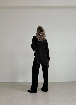 Костюм женский черный однотонный шелковый оверсайз рубашка на пуговицах брюки свободного кроя на высокой посадке качественный стильный5 фото
