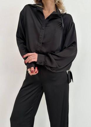 Костюм женский черный однотонный шелковый оверсайз рубашка на пуговицах брюки свободного кроя на высокой посадке качественный стильный3 фото