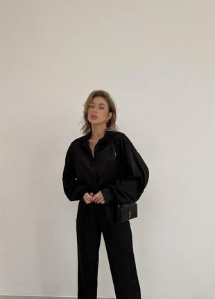 Костюм женский черный однотонный шелковый оверсайз рубашка на пуговицах брюки свободного кроя на высокой посадке качественный стильный2 фото