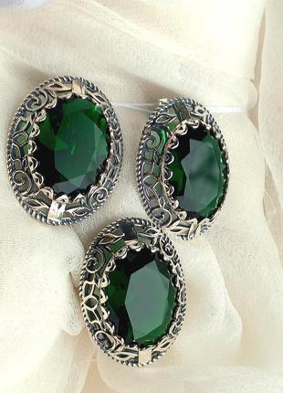 Крупный серебряный гарнитур кольцо серьги зеленые камни5 фото