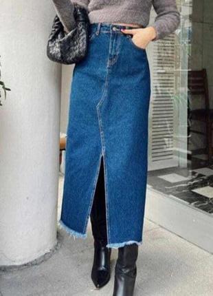 Юбка джинсовая с разрезом синяя длинная туреченица