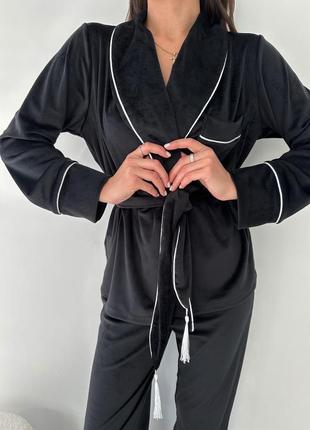 12 кольорів! піжама плюш велюр штани кофта піджак кімано халат шаль під пасок костюм для дому пижама чорна