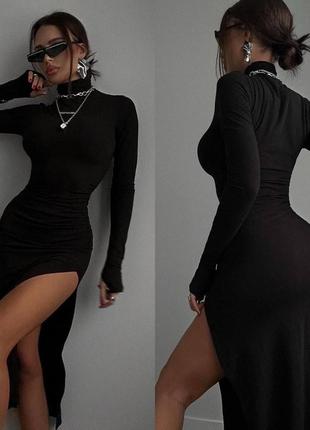 Трендовое стильное черное платье миди с вырезом на ноге1 фото